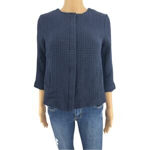 Talbots Jacket US 6 Womens Blue Cotton Basketweave 3/4 Sleeve Zip Up w/ Pockets
